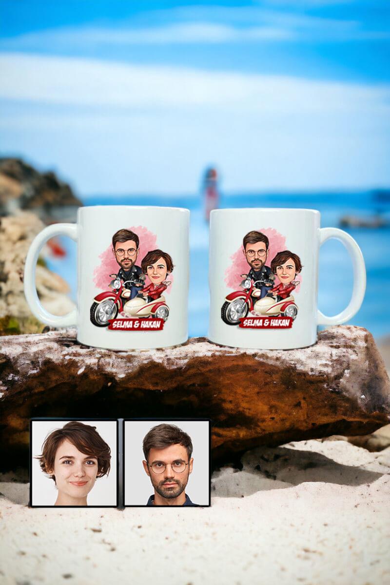 Çiftlere Özel İlginç Hediye Motorsiklet Temalı Karikatürlü İkili Beyaz Kupa Bardak