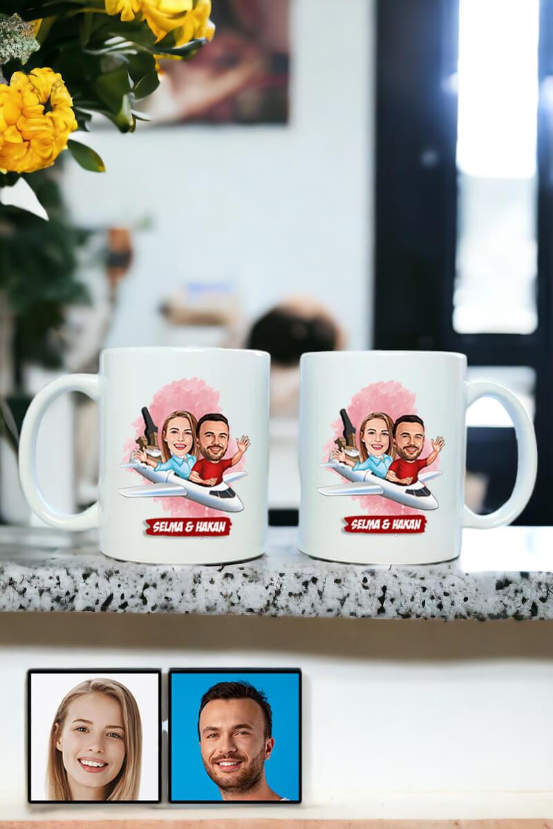 Çiftlere Özel İlginç Hediye Uçak Temalı Karikatürlü İkili Beyaz Kupa Bardak