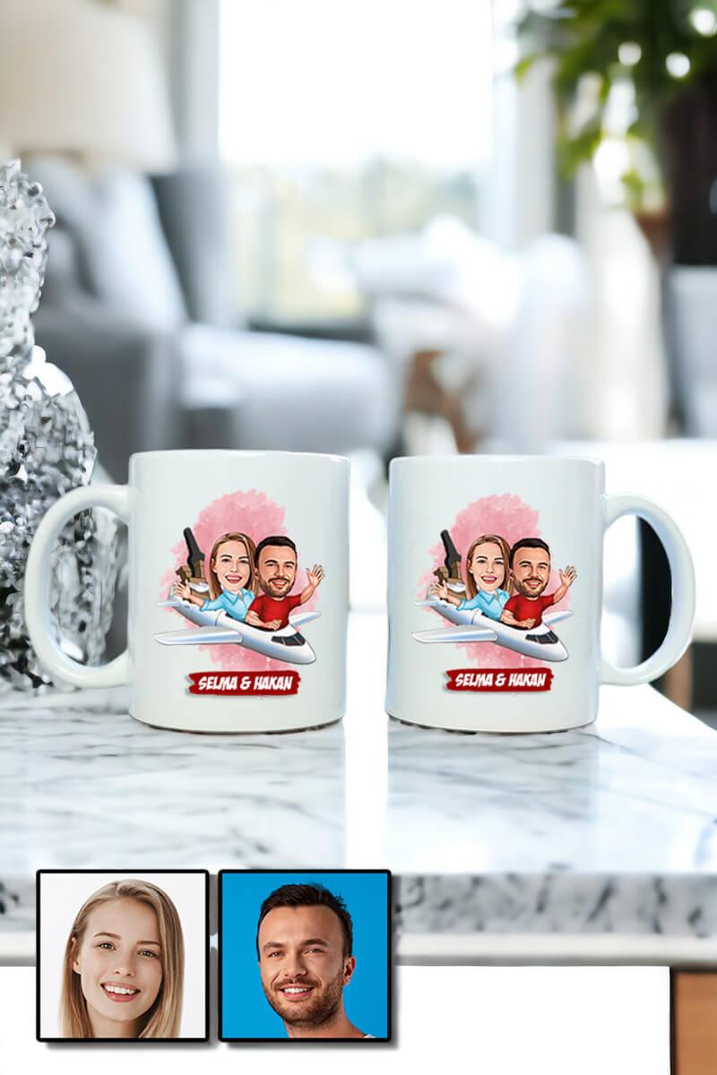 Çiftlere Özel İlginç Hediye Uçak Temalı Karikatürlü İkili Beyaz Kupa Bardak