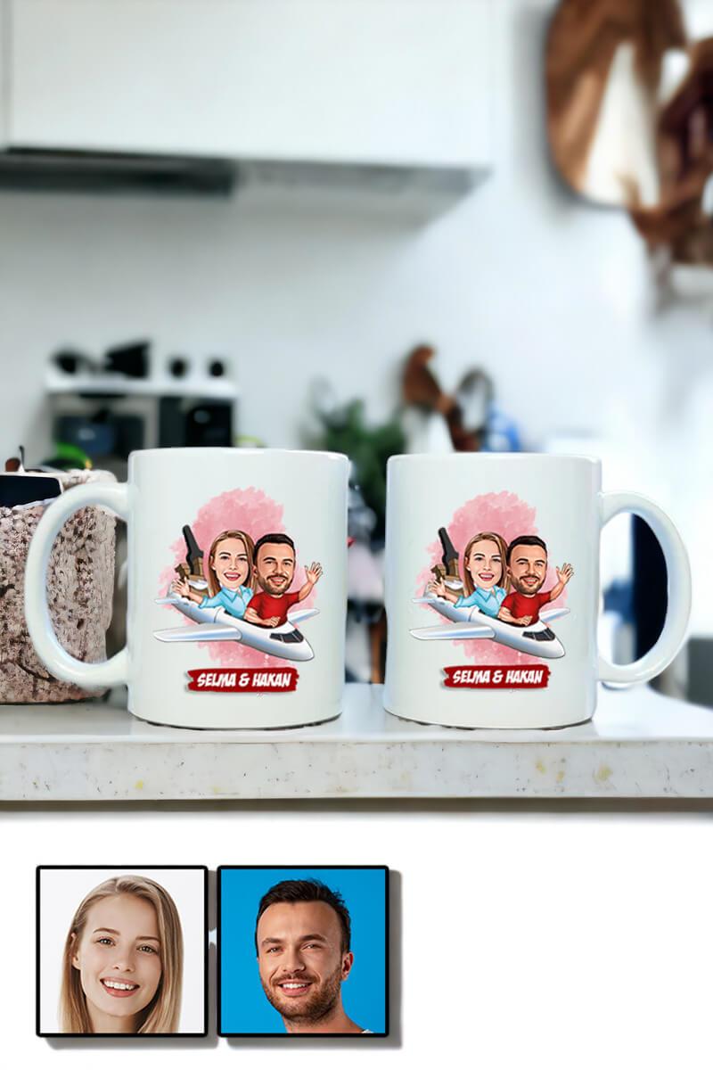 Çiftlere Özel İlginç Hediye Uçak Temalı Karikatürlü İkili Beyaz Kupa Bardak