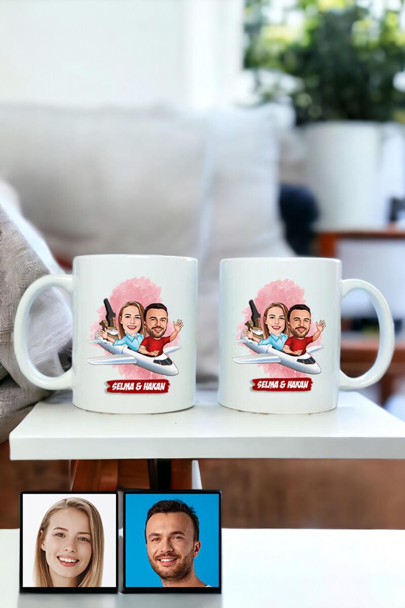 Çiftlere Özel İlginç Hediye Uçak Temalı Karikatürlü İkili Beyaz Kupa Bardak
