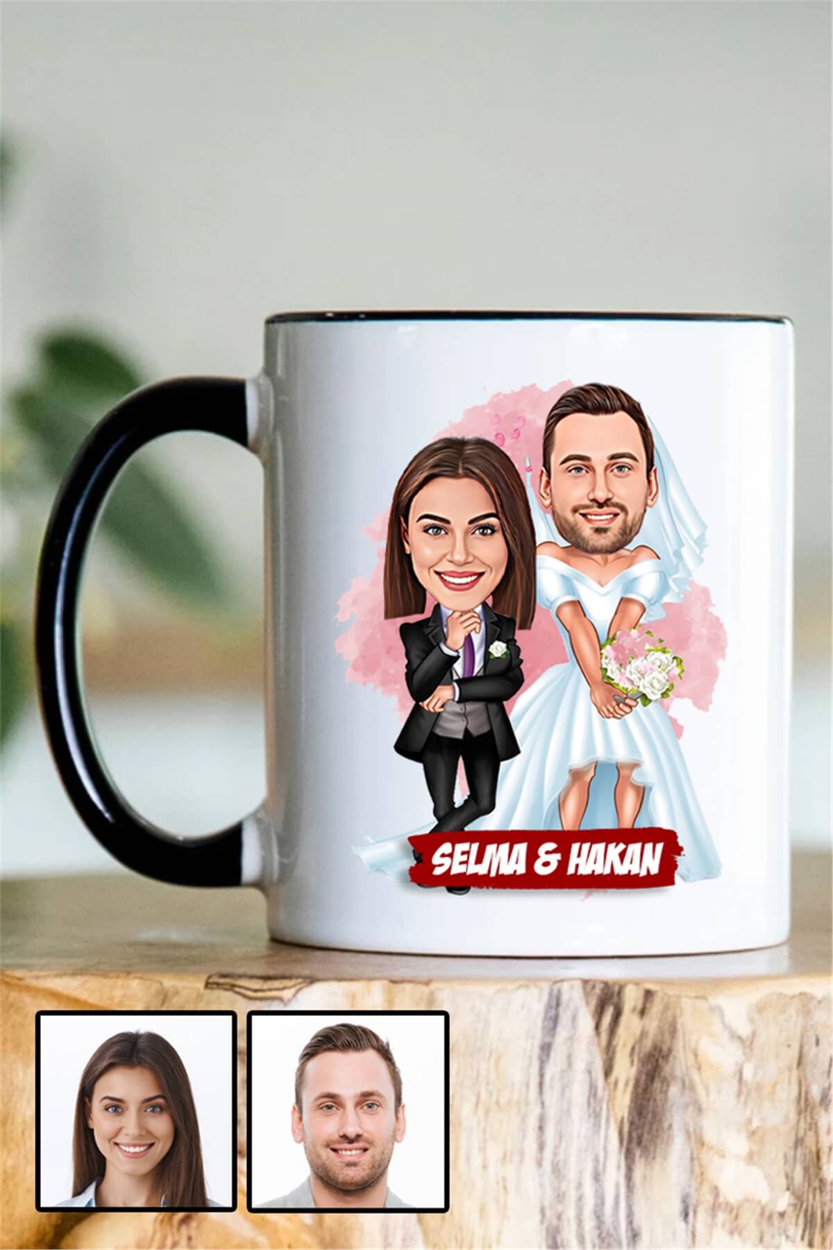 Çiftlere Özel Yıl Dönümü Hediyesi Karikatürlü İçi Renkli Kupa Bardak