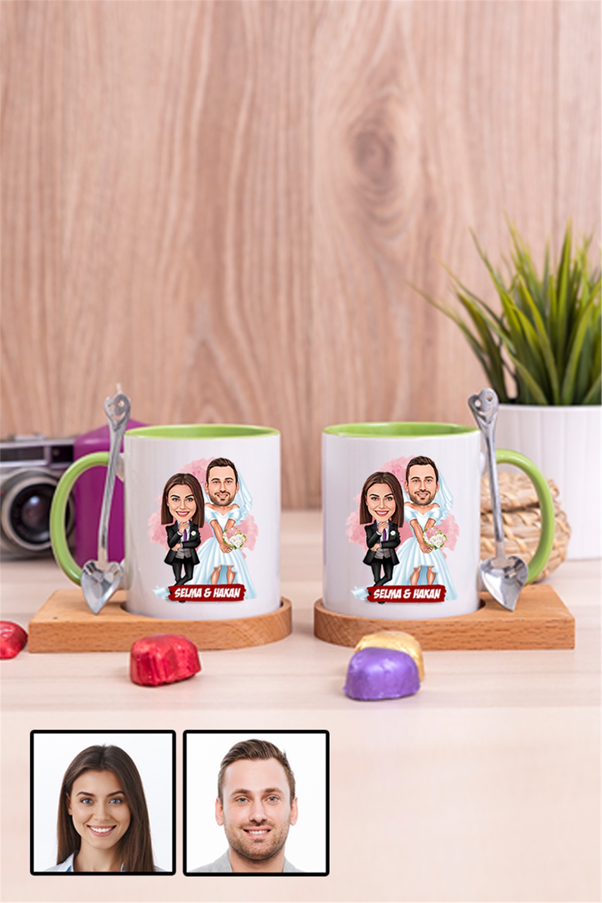 Çiftlere Özel Komik Hediye Gelin Damat Karikatürlü İkili Ahşap Altlıklı İçi Renkli Kupa Bardak