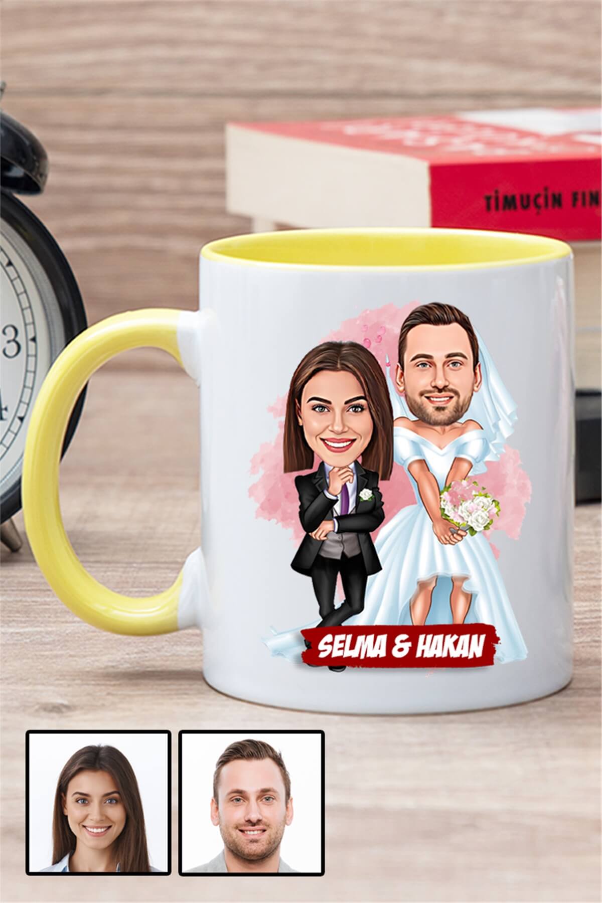 Çiftlere Özel Yıl Dönümü Hediyesi Karikatürlü İçi Renkli Kupa Bardak