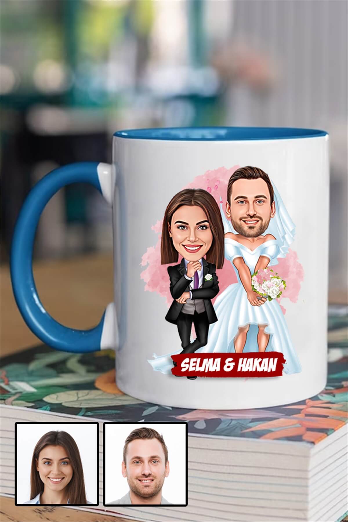 Çiftlere Özel Yıl Dönümü Hediyesi Karikatürlü İçi Renkli Kupa Bardak