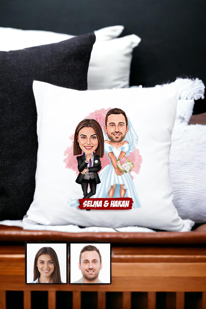Çiftlere Özel Komik Hediye Gelin Damat Karikatürlü Yastık