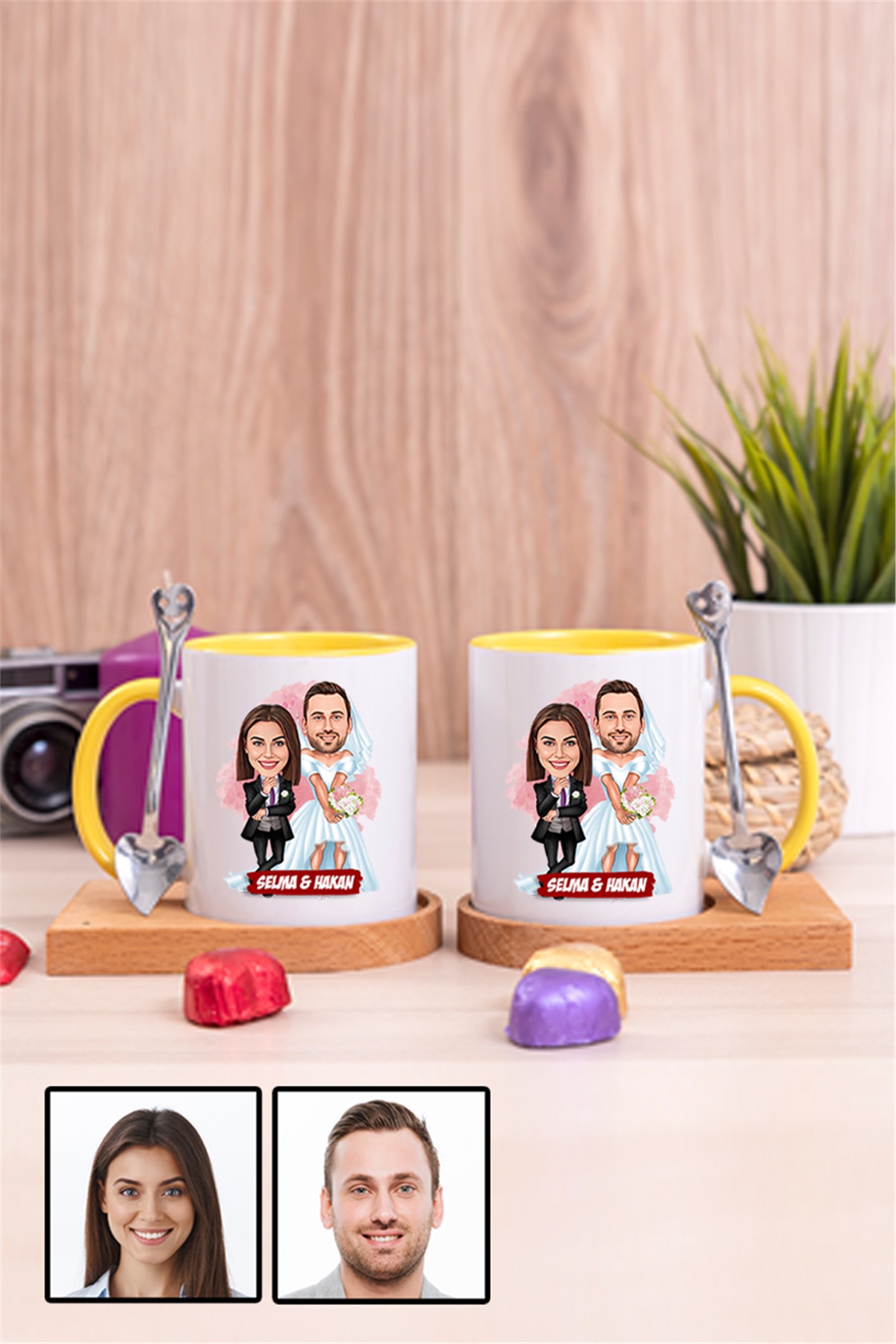 Çiftlere Özel Komik Hediye Gelin Damat Karikatürlü İkili Ahşap Altlıklı İçi Renkli Kupa Bardak