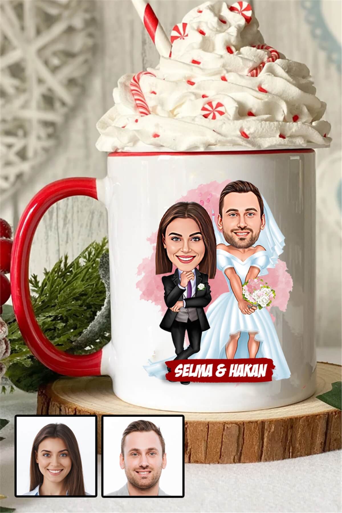 Çiftlere Özel Yıl Dönümü Hediyesi Karikatürlü İçi Renkli Kupa Bardak