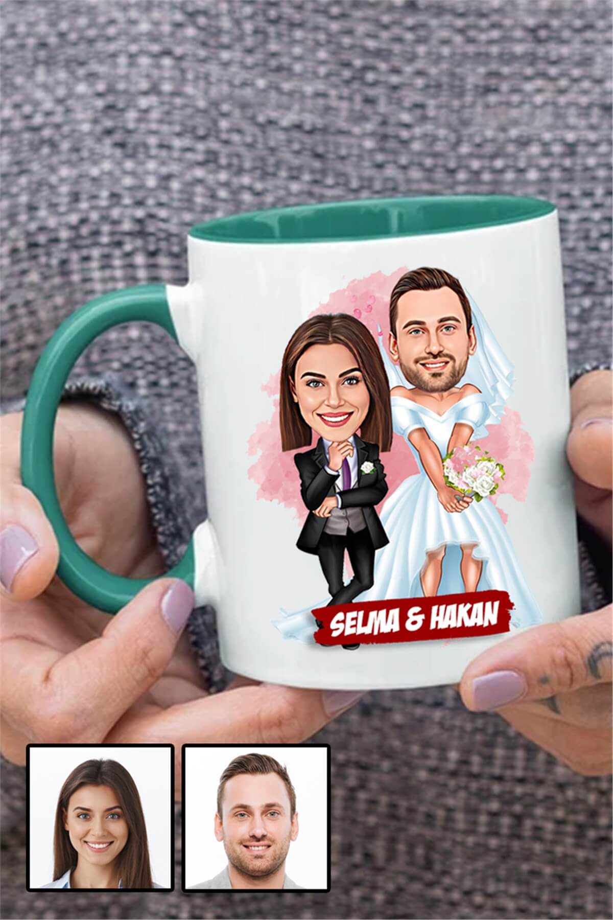 Çiftlere Özel Yıl Dönümü Hediyesi Karikatürlü İçi Renkli Kupa Bardak