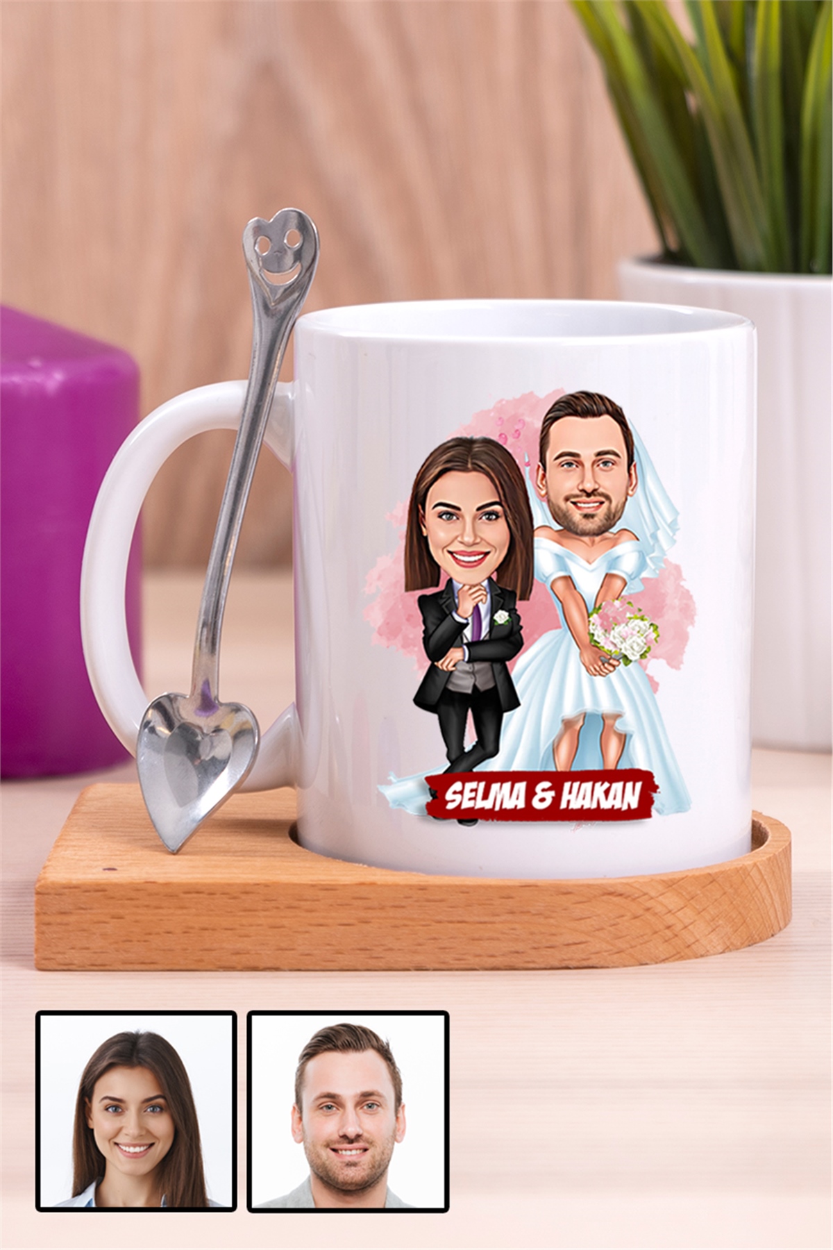Çiftlere Özel Komik Hediye Gelin Damat Karikatürlü Ahşap Altlıklı Beyaz Kupa Bardak