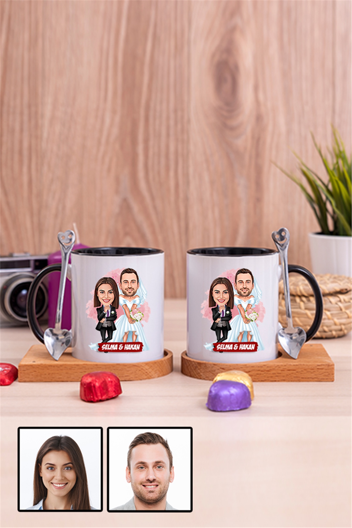 Çiftlere Özel Komik Hediye Gelin Damat Karikatürlü İkili Ahşap Altlıklı İçi Renkli Kupa Bardak