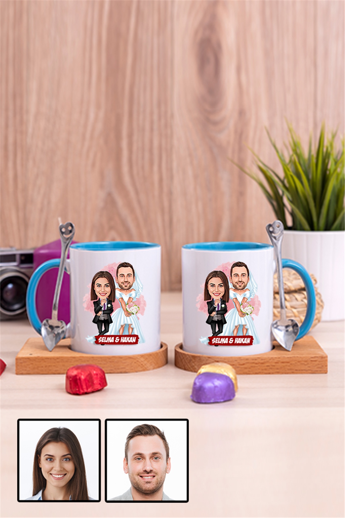 Çiftlere Özel Komik Hediye Gelin Damat Karikatürlü İkili Ahşap Altlıklı İçi Renkli Kupa Bardak