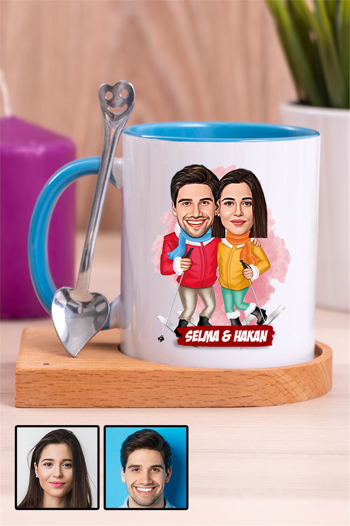 Çiftlere Özel Komik Hediye Kış Tatili  Karikatürlü Ahşap Altlıklı İçi Renkli Kupa Bardak