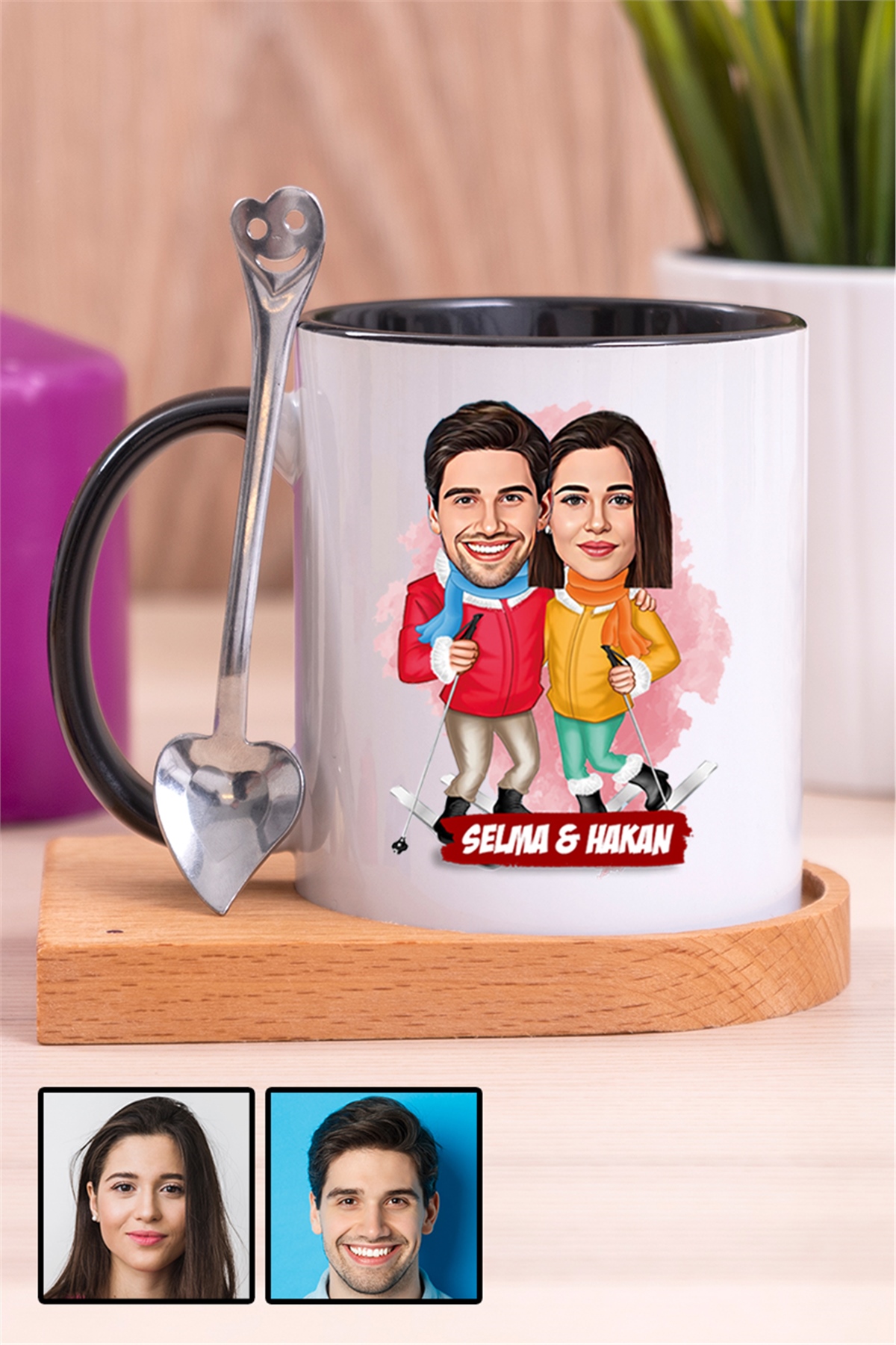 Çiftlere Özel Komik Hediye Kış Tatili  Karikatürlü Ahşap Altlıklı İçi Renkli Kupa Bardak