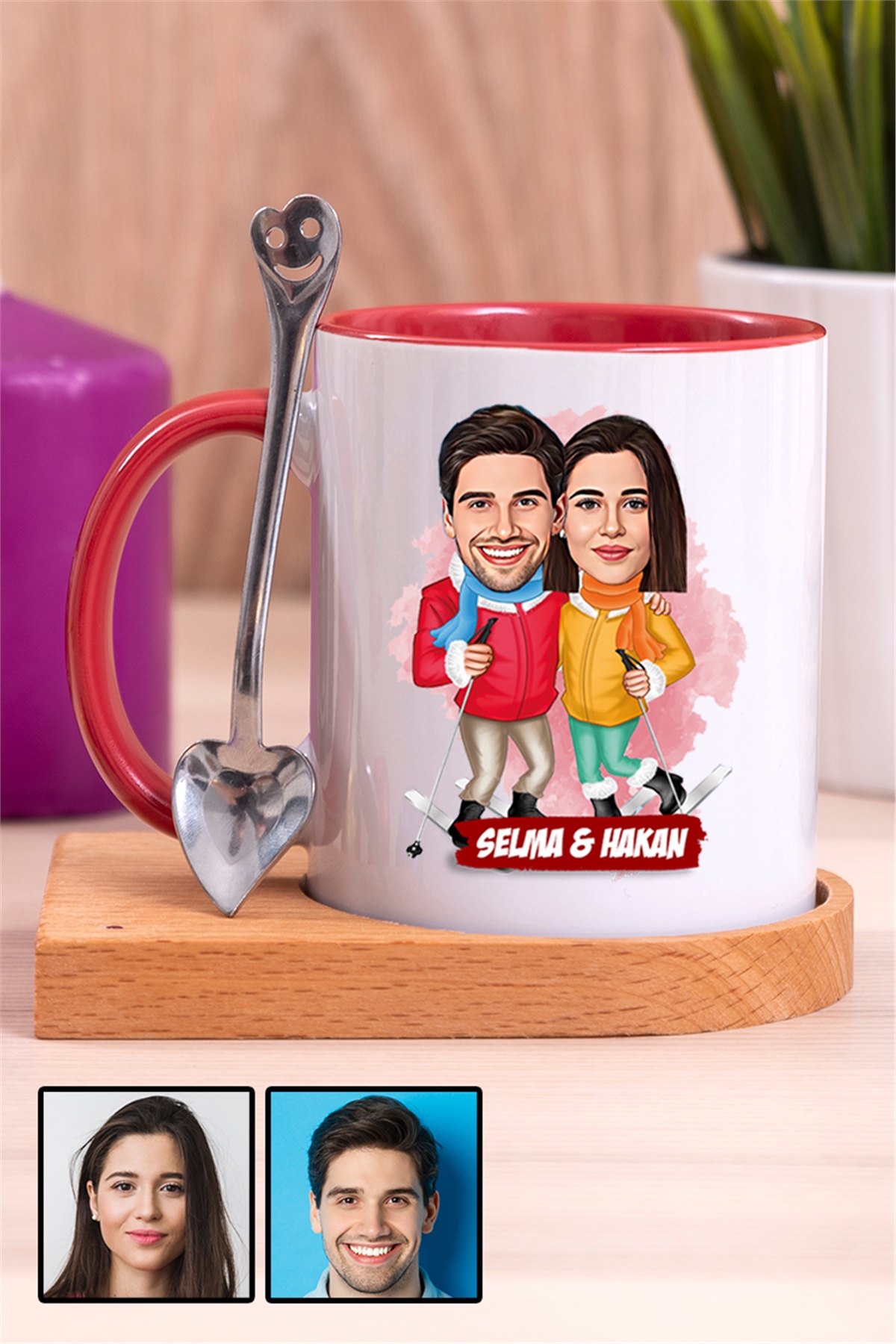 Çiftlere Özel Komik Hediye Kış Tatili  Karikatürlü Ahşap Altlıklı İçi Renkli Kupa Bardak