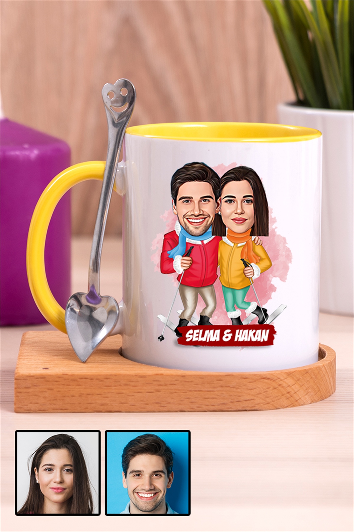 Çiftlere Özel Komik Hediye Kış Tatili  Karikatürlü Ahşap Altlıklı İçi Renkli Kupa Bardak