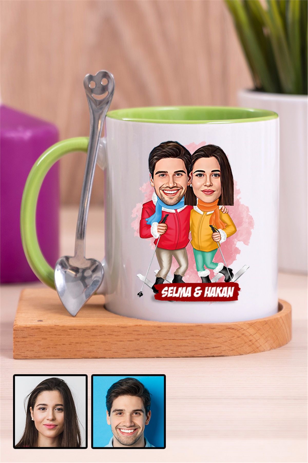 Çiftlere Özel Komik Hediye Kış Tatili  Karikatürlü Ahşap Altlıklı İçi Renkli Kupa Bardak