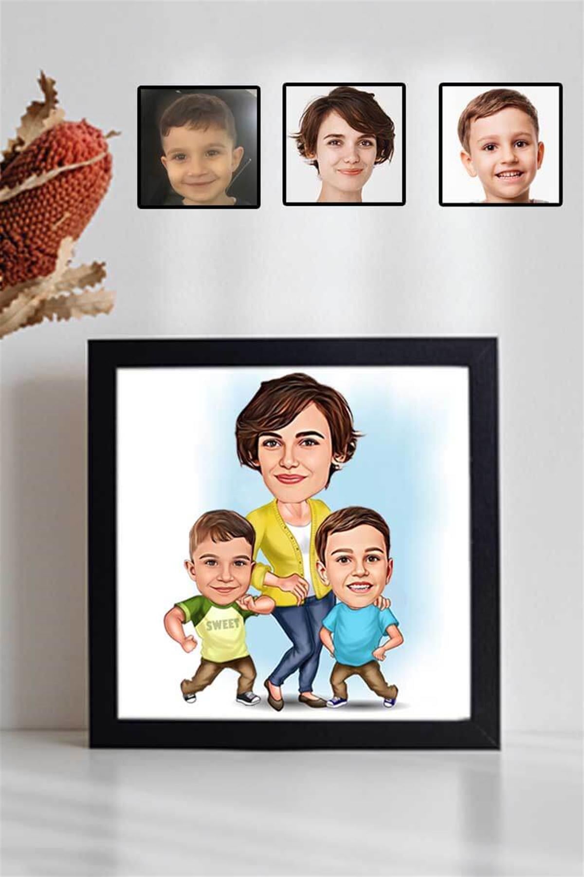 Çocuklardan Anneye Hediye Karikatürlü Kare Çerçeve