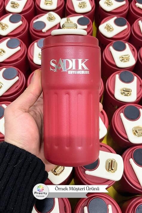 Dijital Sıcaklık Göstergeli ve İpli Promosyon Kırmızı Çelik Termos Bardak 8866-EMR