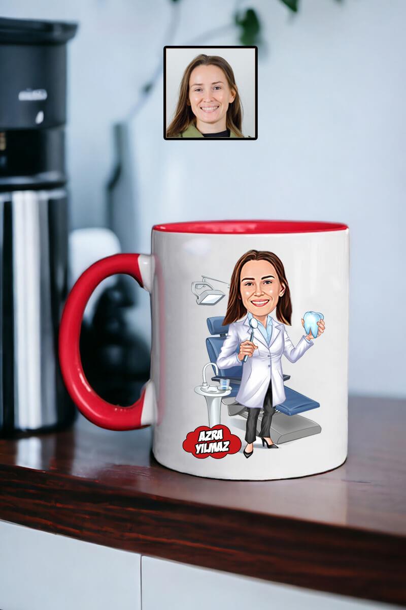 Diş Hekimine Hediye Kadın Diş Hekimi Karikatürlü Kupa Bardak