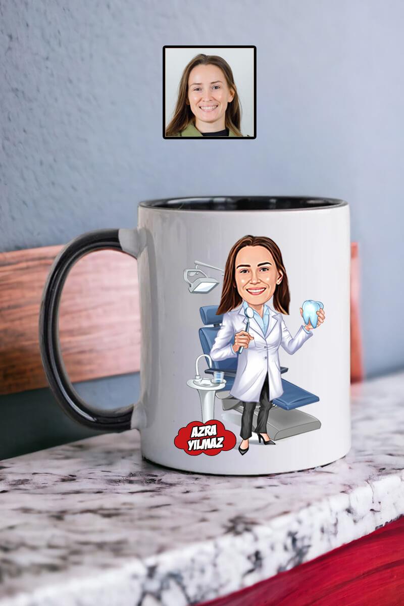 Diş Hekimine Hediye Kadın Diş Hekimi Karikatürlü Kupa Bardak