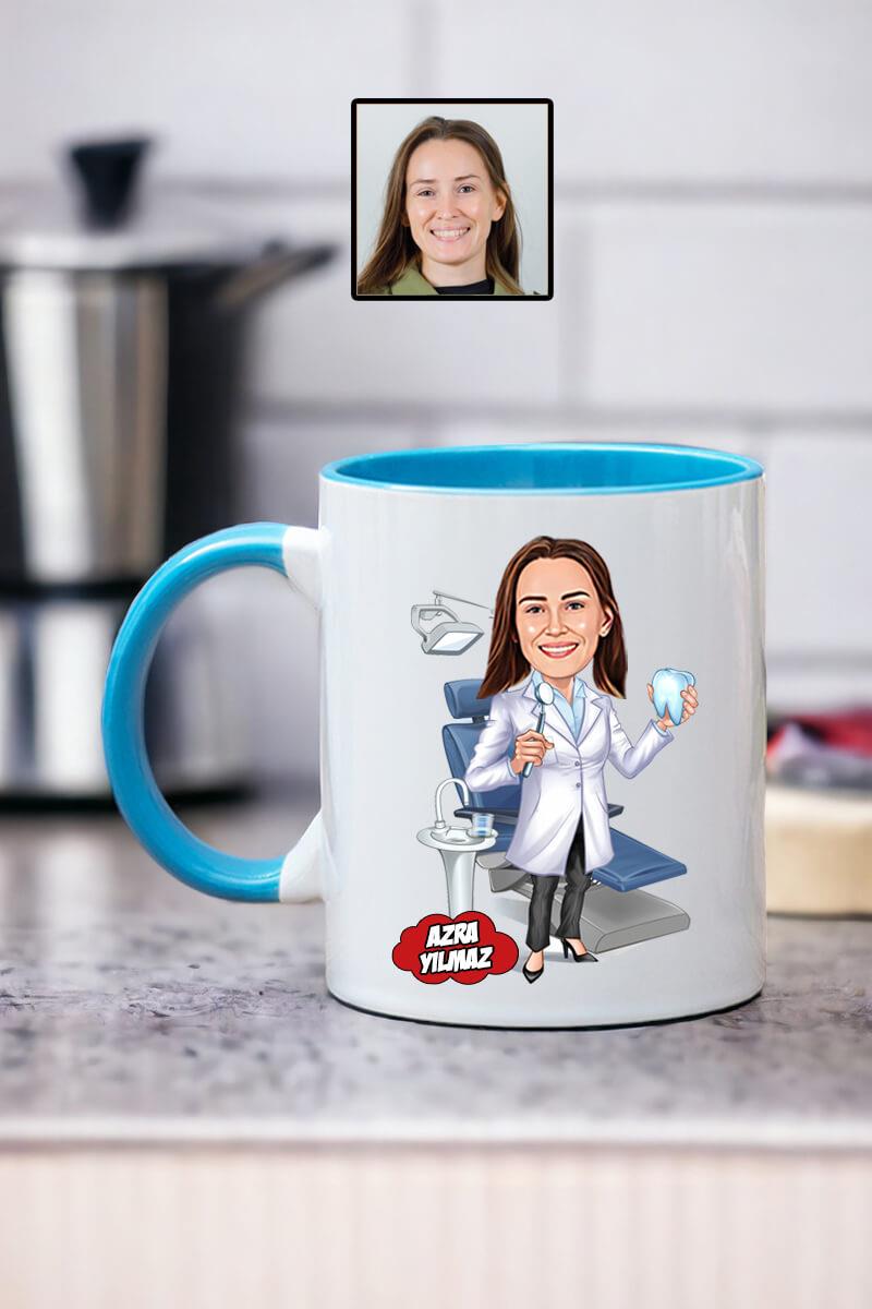 Diş Hekimine Hediye Kadın Diş Hekimi Karikatürlü Kupa Bardak