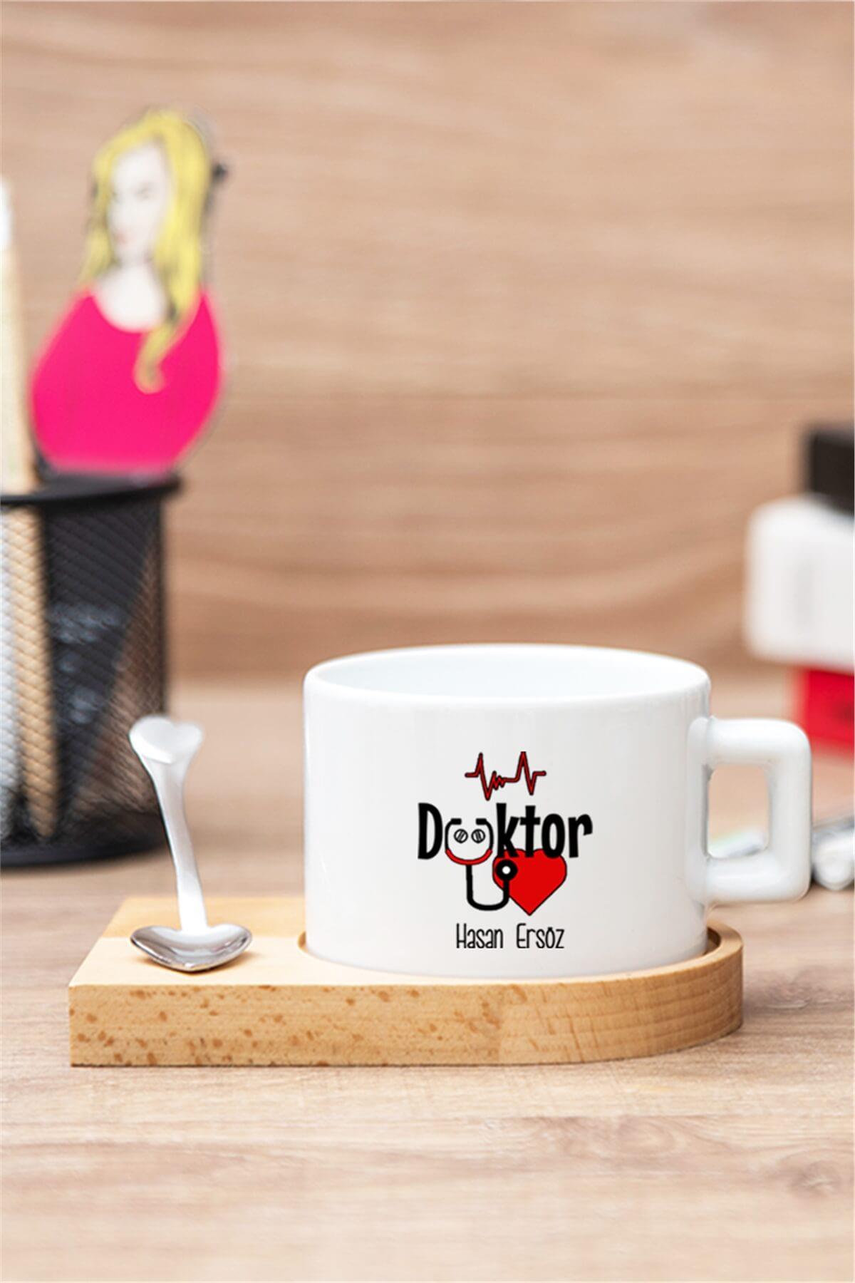 Doktora Hediye Seti Ahşap Altlıklı Fincan ve Kalemlik