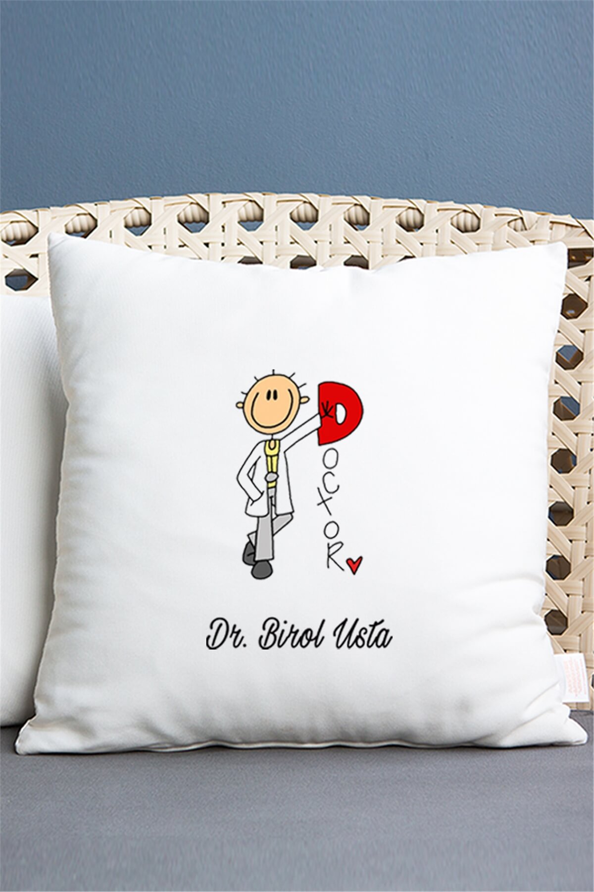Doktor Karikatürü Saten Kare Yastık