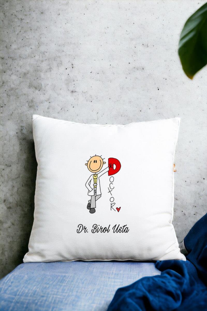 Doktor Karikatürü Saten Kare Yastık