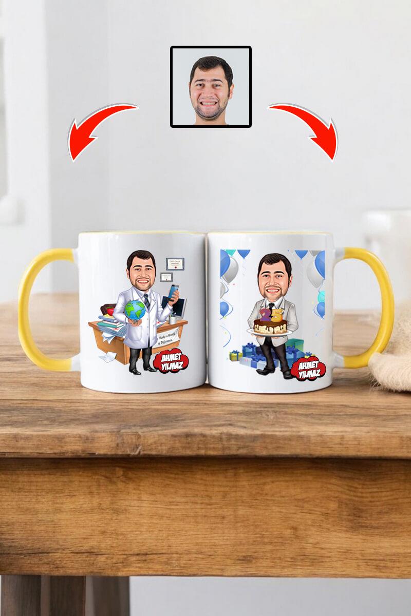 Doktora Doğum Günü Hediyesi Erkek Doktor Karikatürlü Kupa Bardak