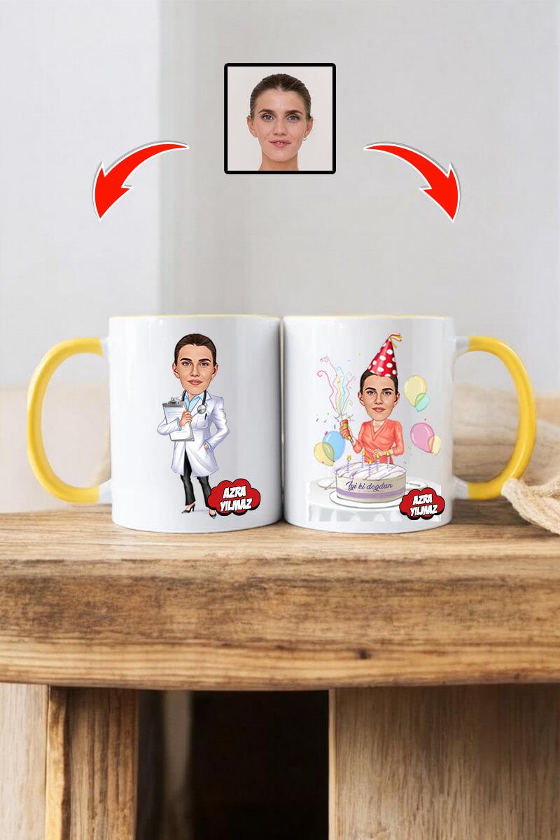 Doktora Doğum Günü Hediyesi Kadın Doktor Karikatürlü Kupa Bardak