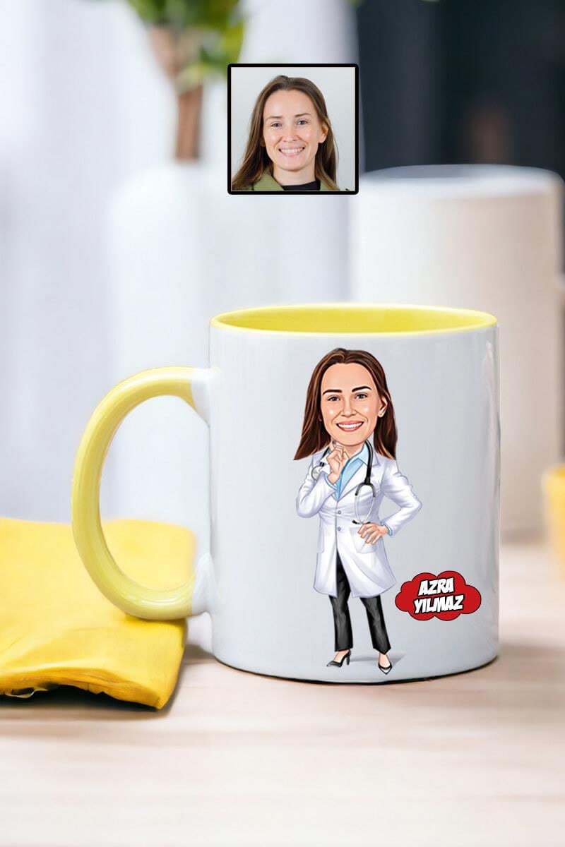 Doktora Hediye Kadın Doktor Karikatürlü Kişiye Özel Kupa Bardak