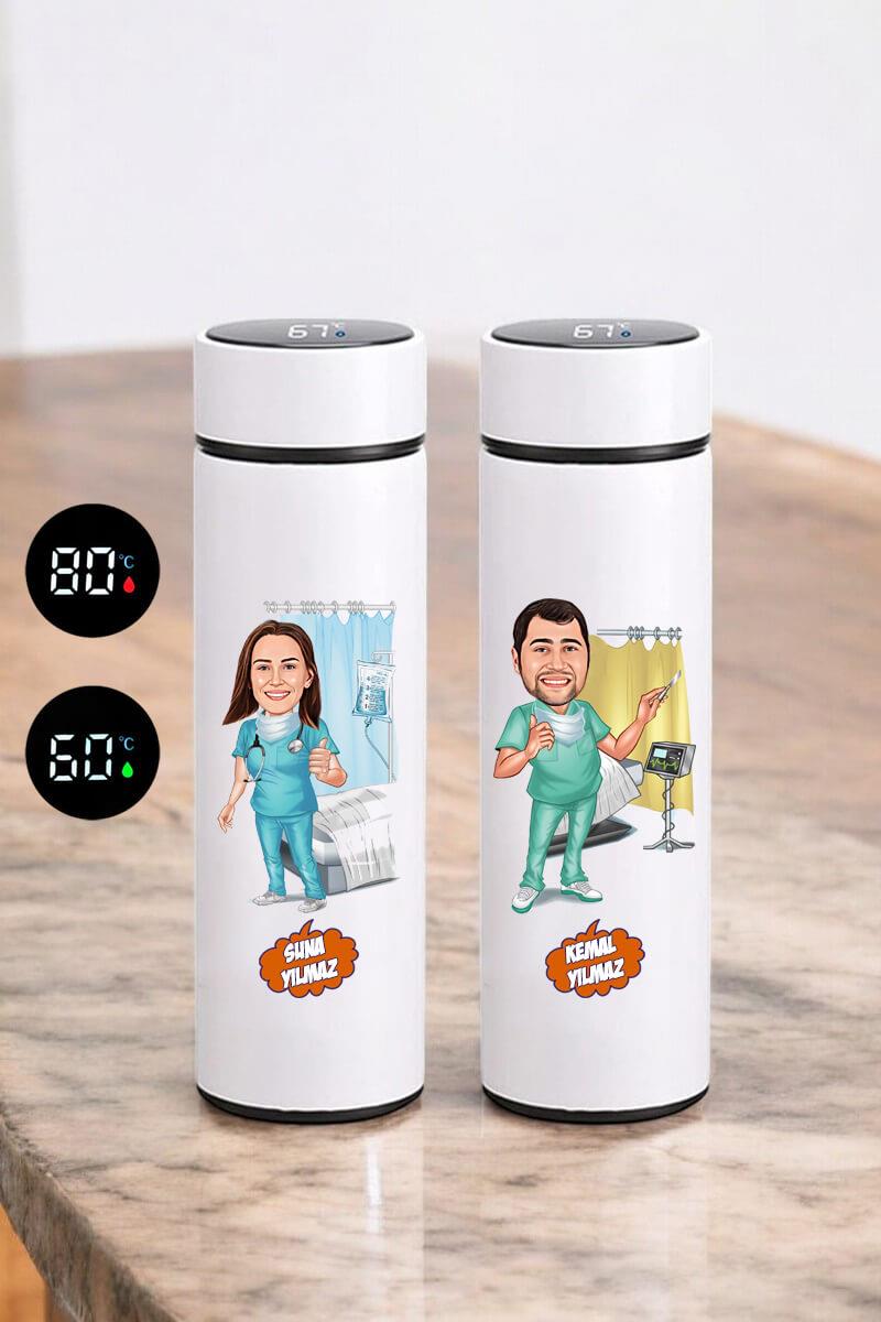 Doktora Hediye Karikatür Baskılı Dijital Sıcaklık Göstergeli Çelik Termos