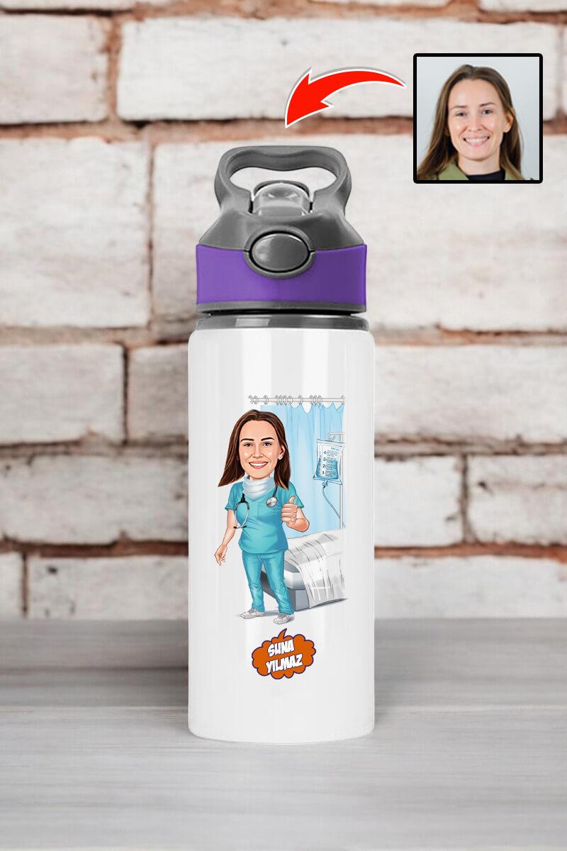 Doktora Hediye Kişiye Özel Karikatürlü Pipetli Su Matarası