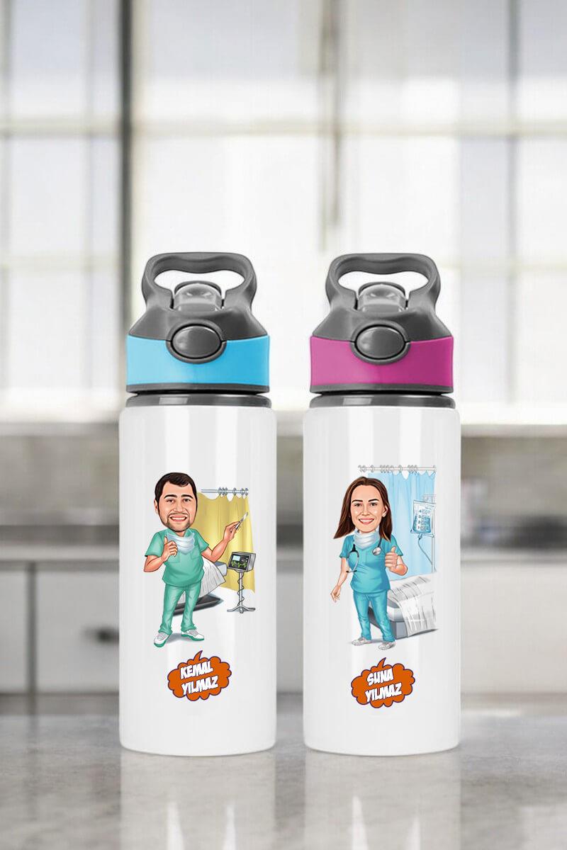 Doktora Hediye Kişiye Özel Karikatürlü Pipetli Su Matarası