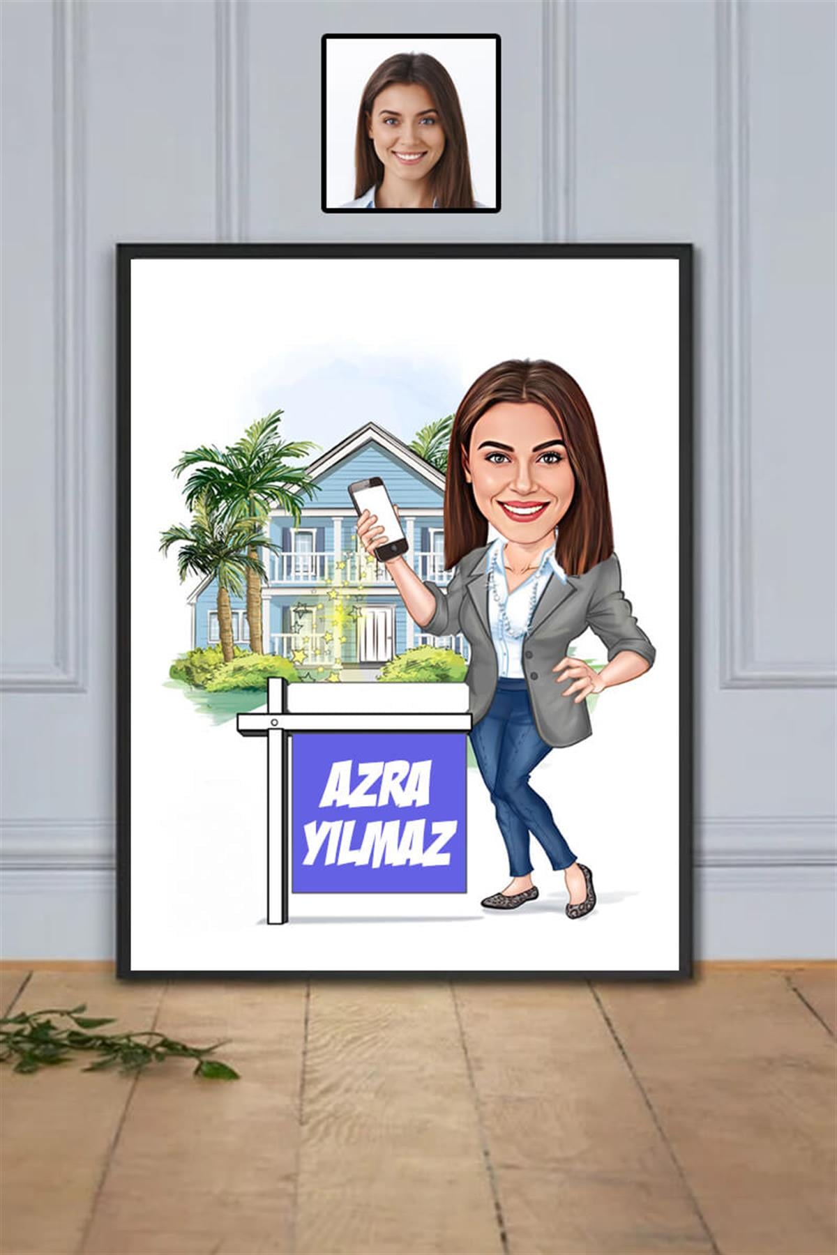 Emlak Ofisine Hediye Kadın Emlakçı Karikatürlü Dikdörtgen Çerçeve