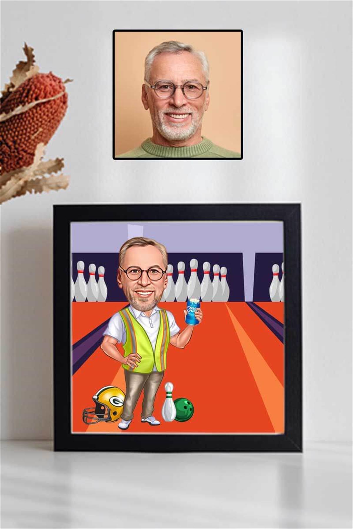 Erkeğe Hediye Bowling Çizimli Karikatürlü Kare Çerçeve