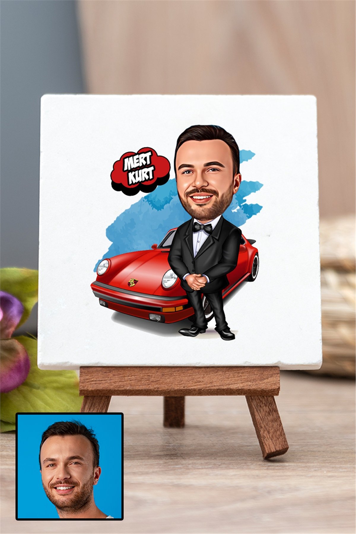 Erkeğe Hediye Karikatürlü Ahşap Şovaleli Taş Masa Dekoru