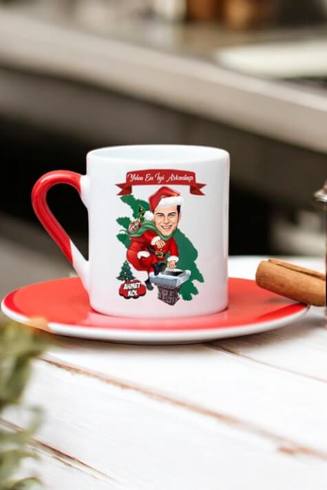 Erkek Arkadaşa Yılbaşı Hediyesi Karikatürlü Kırmızı Türk Kahvesi Fincanı