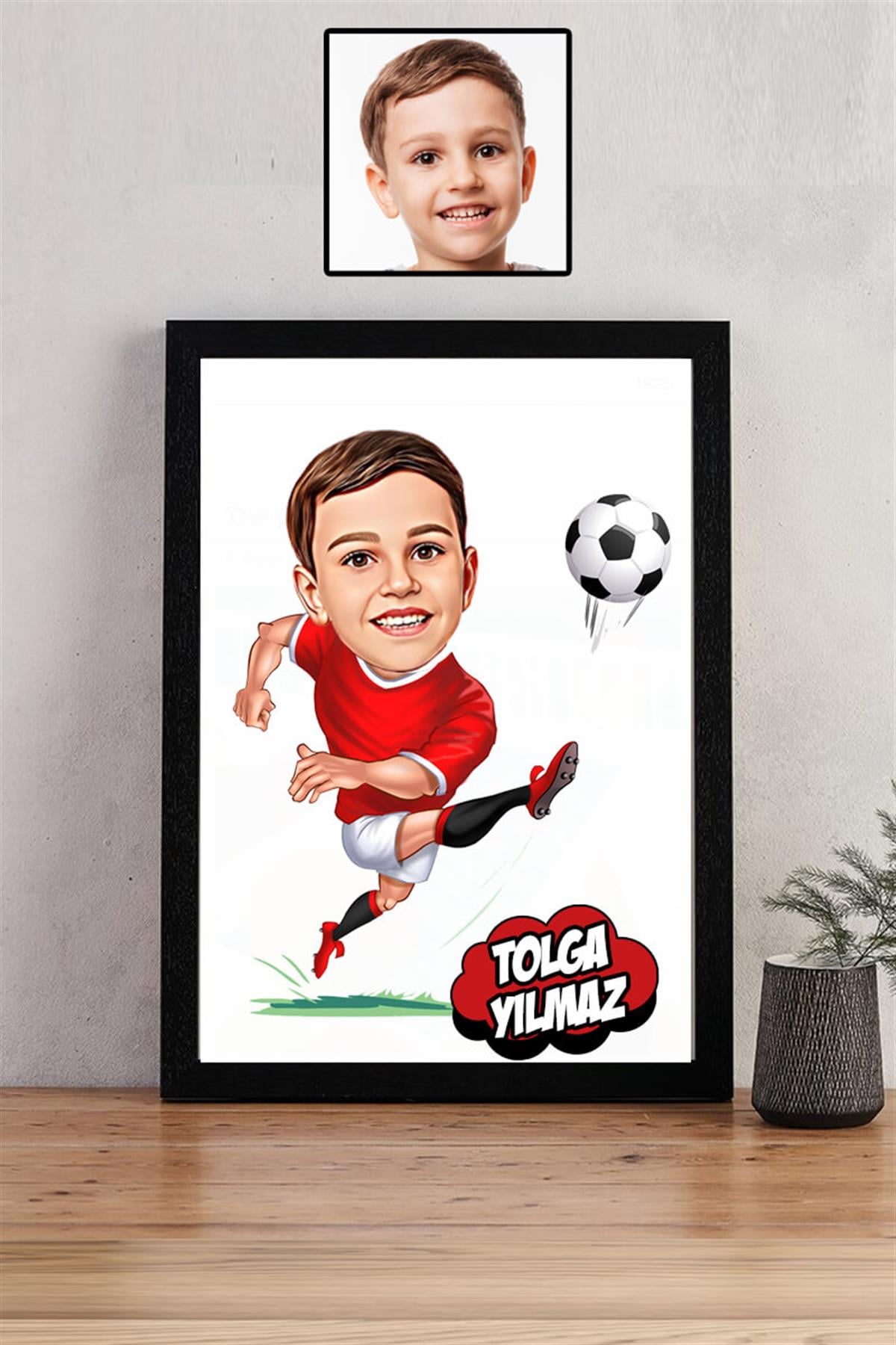 Erkek Çocuklara Hediye Kırmızı Beyaz Formalı Karikatürlü Dikdörtgen Çerçeve