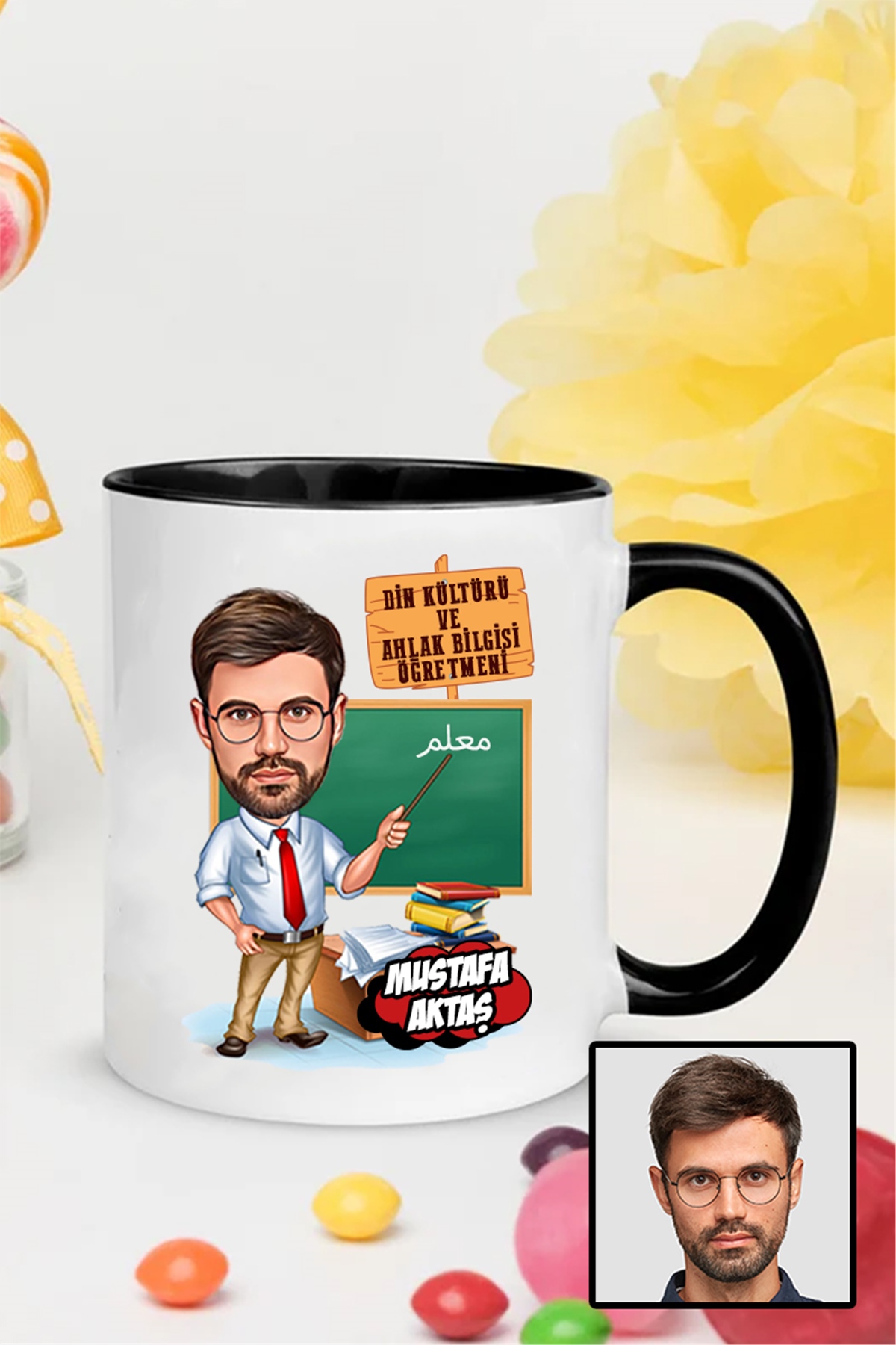 Erkek Din Kültürü Öğretmenine Özel Hediye Karikatürlü İçi Renkli Kupa Bardak