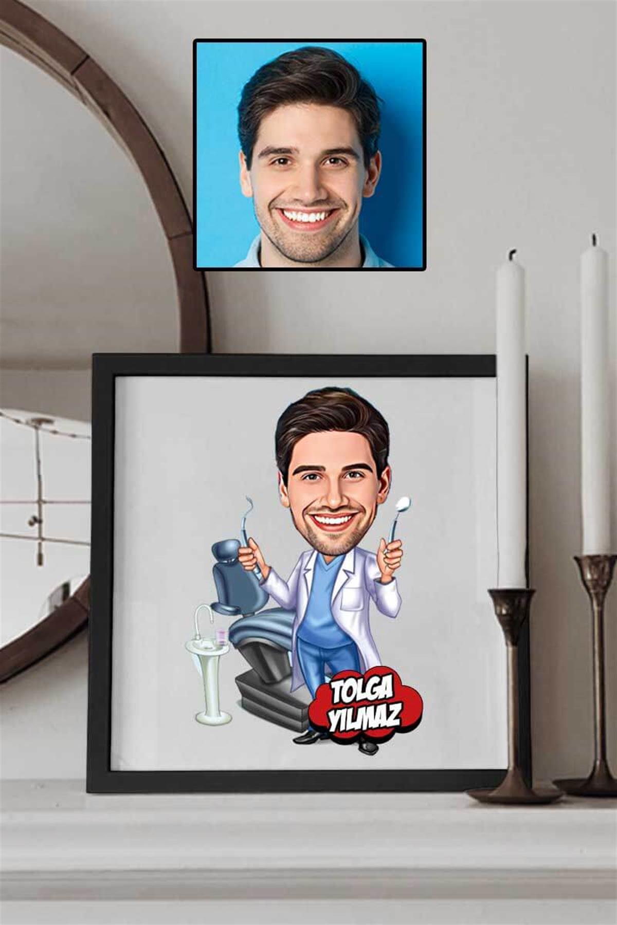 Erkek Diş Doktoruna Teşekkür Hediyesi Karikatürlü Kare Çerçeve