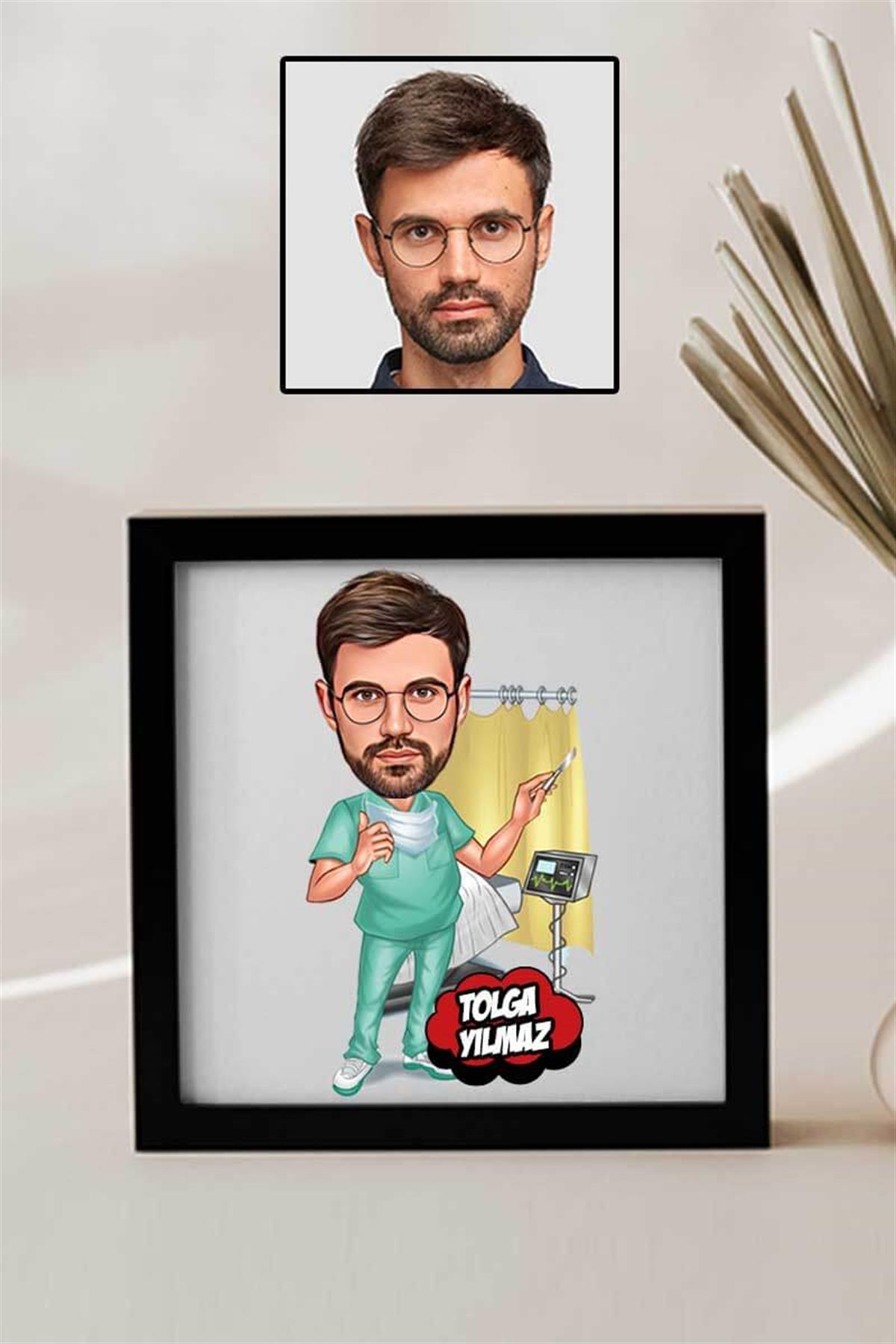 Erkek Doktora Teşekkür Hediyesi Karikatürlü Kare Çerçeve