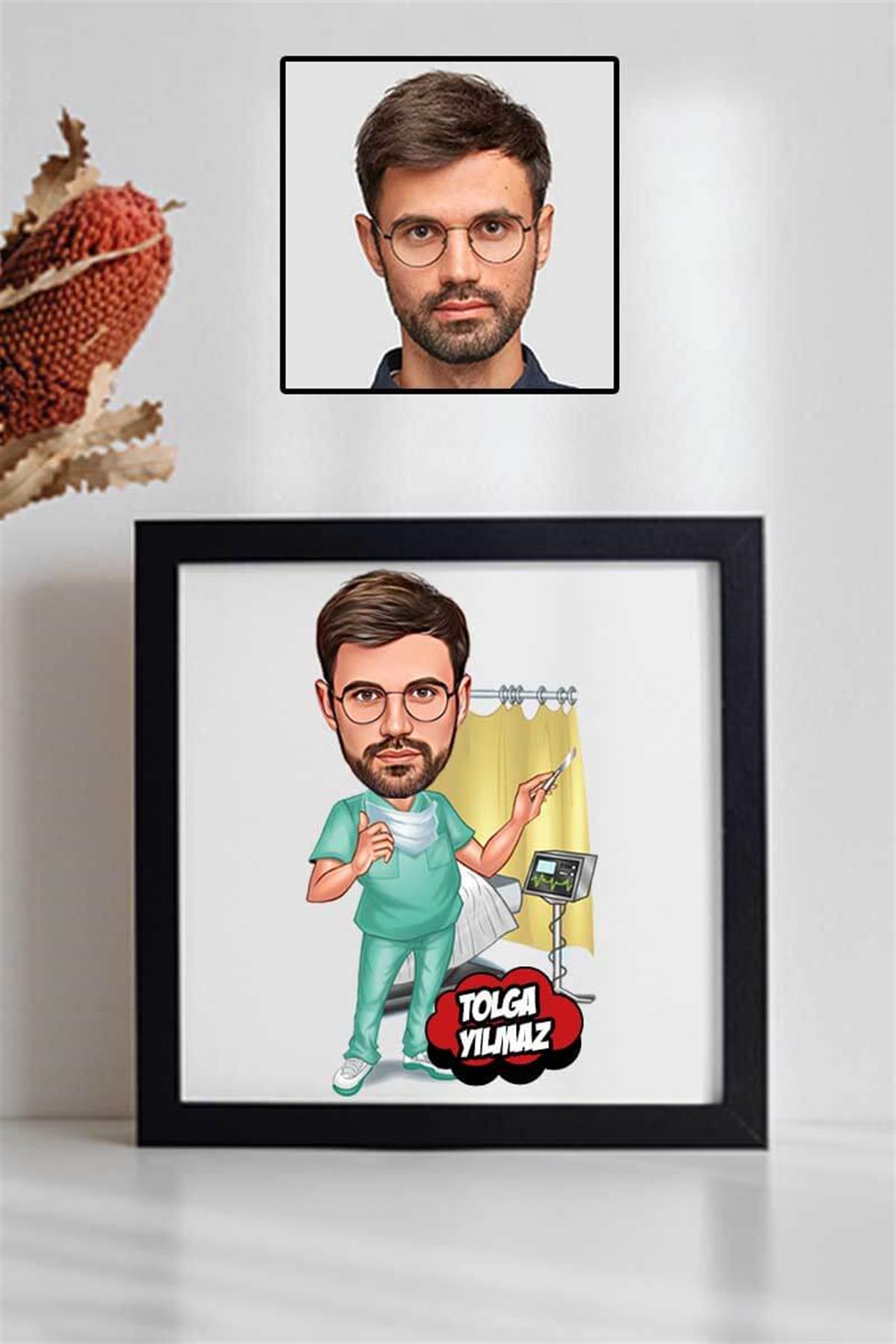 Erkek Doktora Teşekkür Hediyesi Karikatürlü Kare Çerçeve