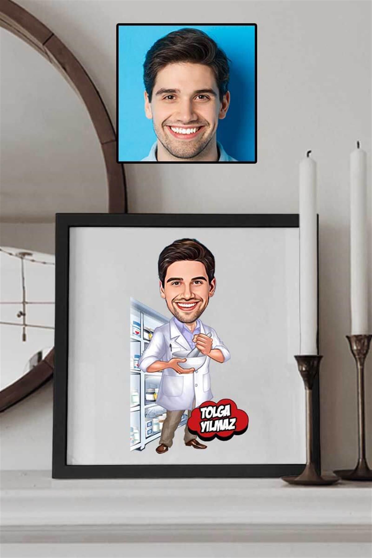 Erkek Eczacıya Hediye Karikatürlü Kare Çerçeve