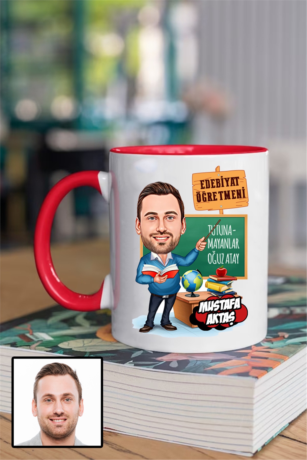 Erkek Edebiyat Öğretmenine Özel Hediye Karikatürlü İçi Renkli Kupa Bardak