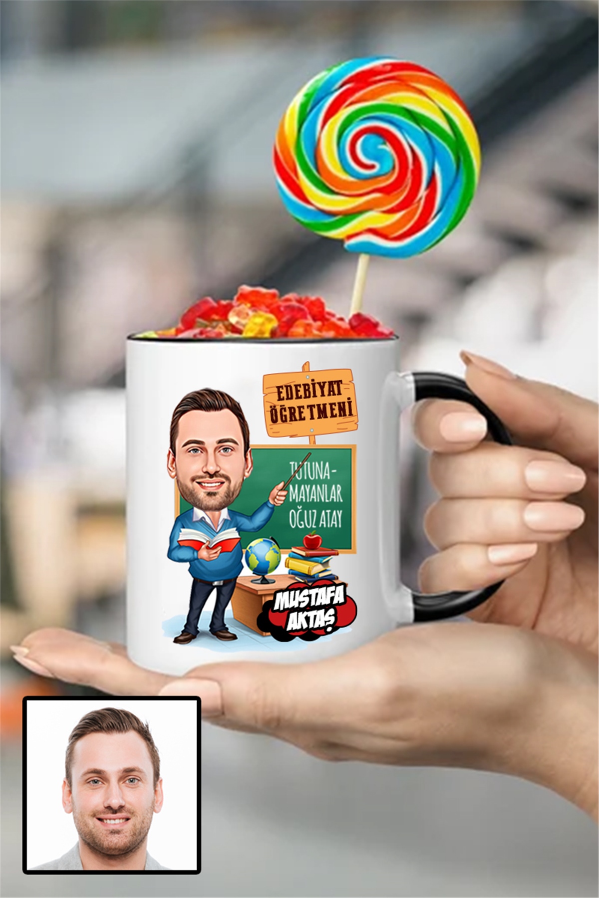 Erkek Edebiyat Öğretmenine Özel Hediye Karikatürlü İçi Renkli Kupa Bardak