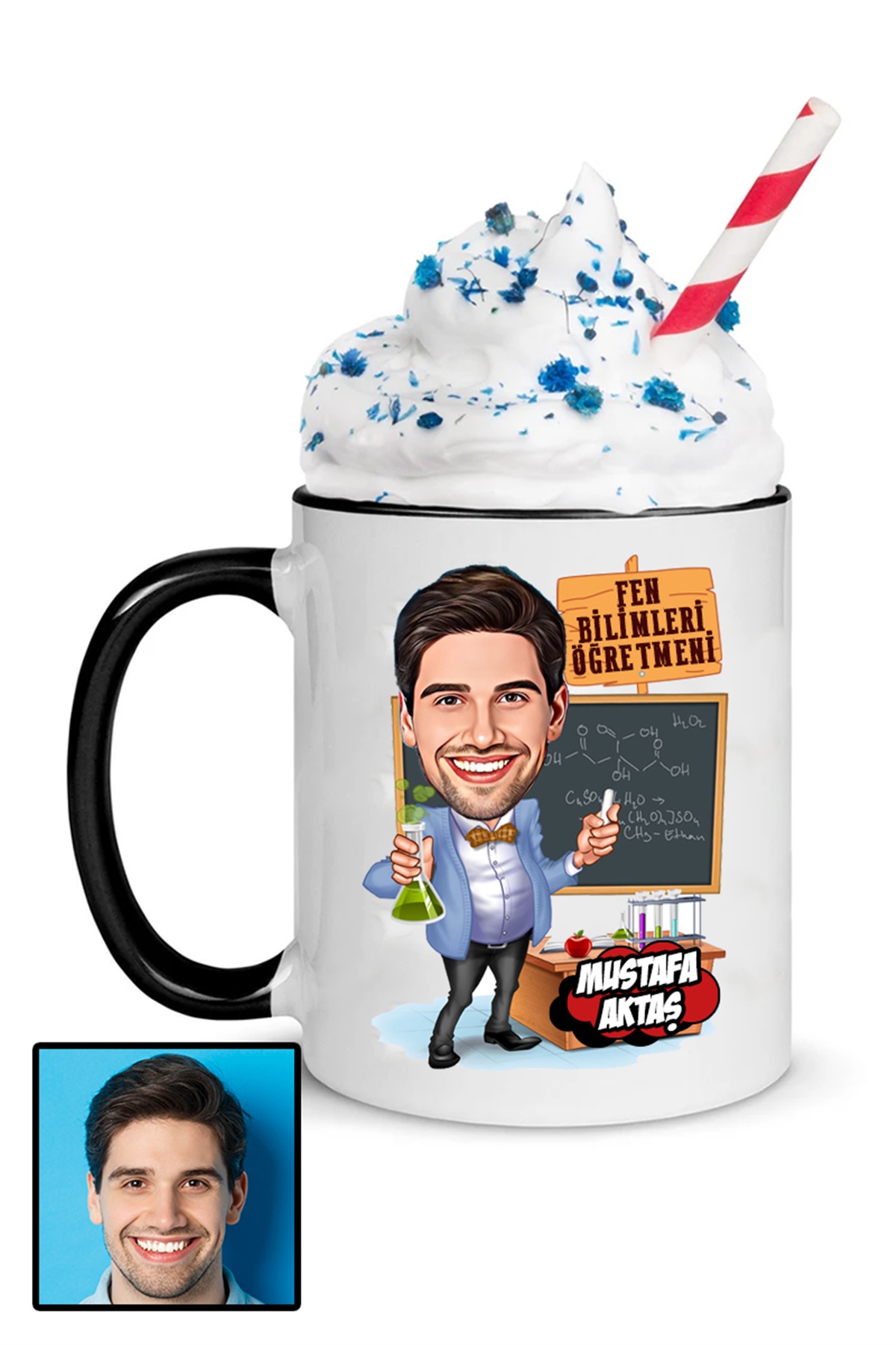Erkek Fen Bilimleri Öğretmenine Özel Hediye Karikatürlü İçi Renkli Kupa Bardak
