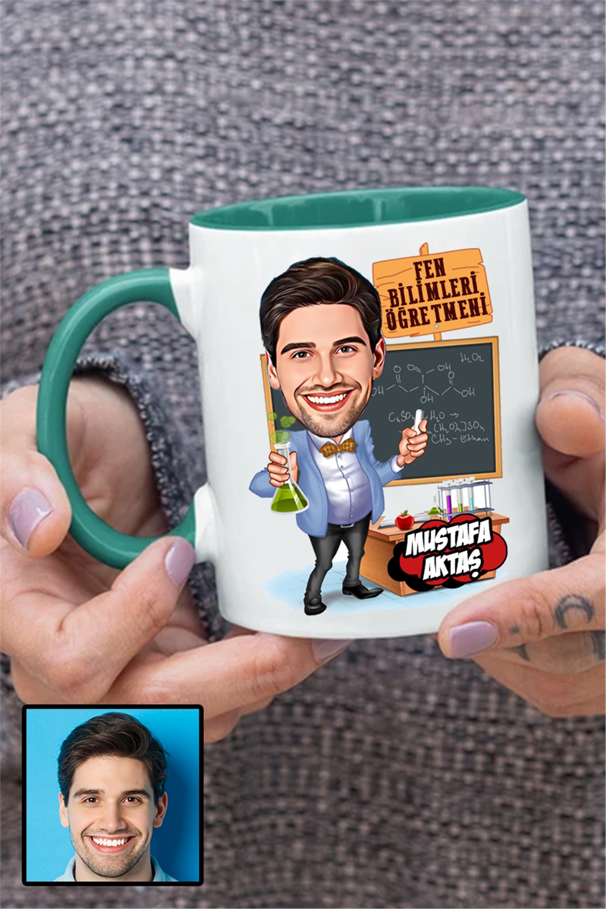 Erkek Fen Bilimleri Öğretmenine Özel Hediye Karikatürlü İçi Renkli Kupa Bardak