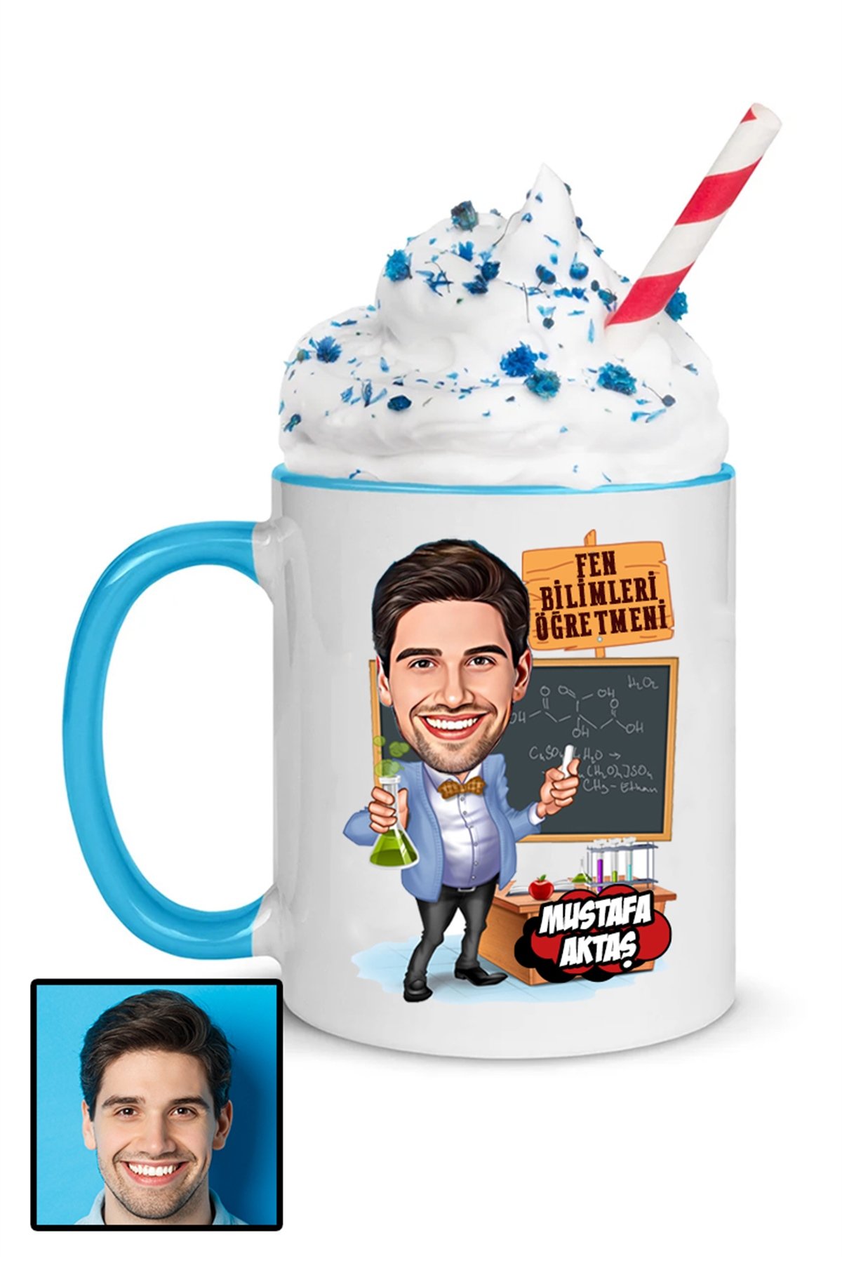 Erkek Fen Bilimleri Öğretmenine Özel Hediye Karikatürlü İçi Renkli Kupa Bardak